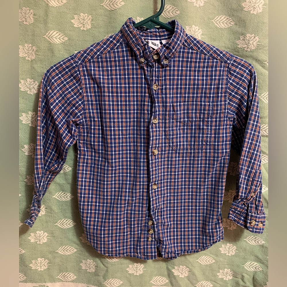 Boys Ur It Blue and Orange Plaid Button Down (M 6)
